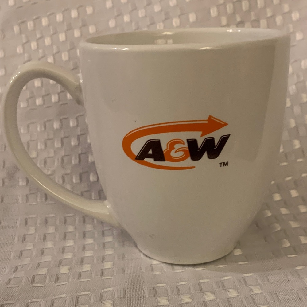White Ceramic A & W coffee mug, 4.5 inches tall.